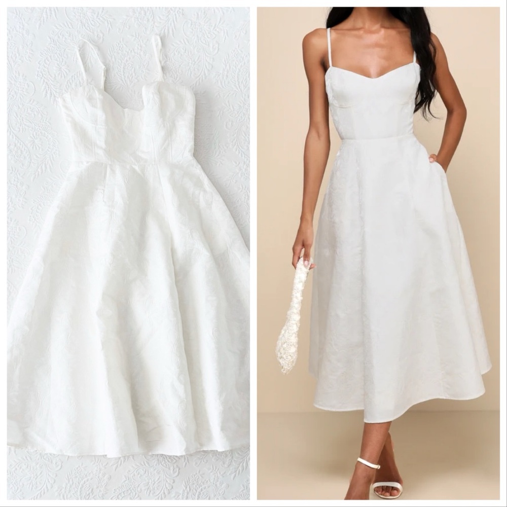 Lulus Meet for Tea White Jacquard Bustier Midi Dress With Pockets Medium